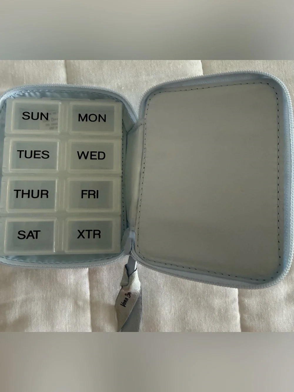 Vera Bradley pill box.  Pale Blue Fabric Label with logo.